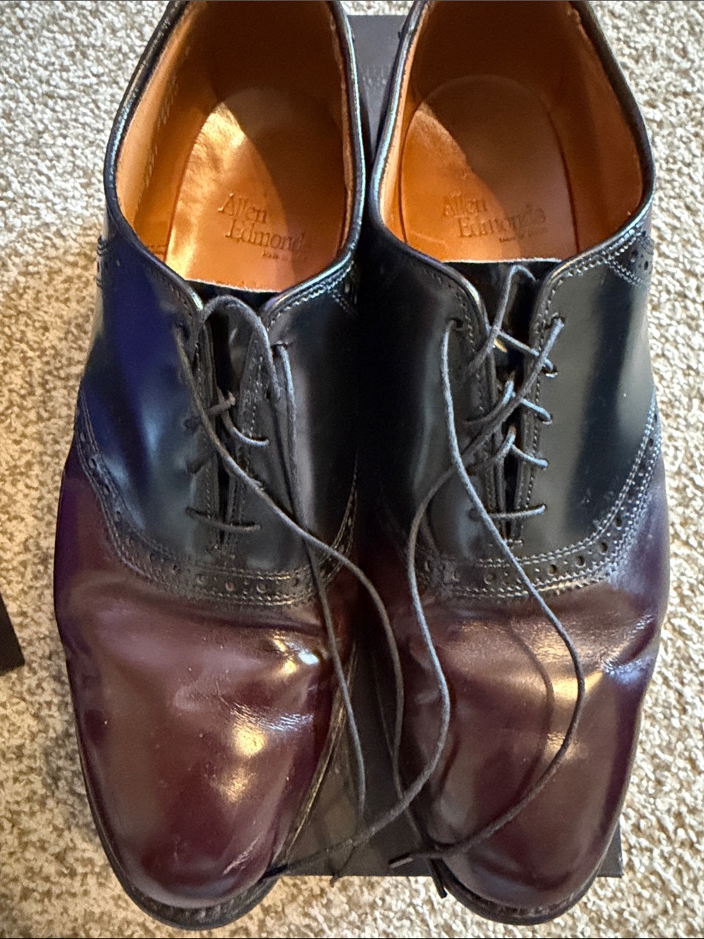 Allen Edmonds Shelton Two-Tone Burgundy and Black Derby Oxfords